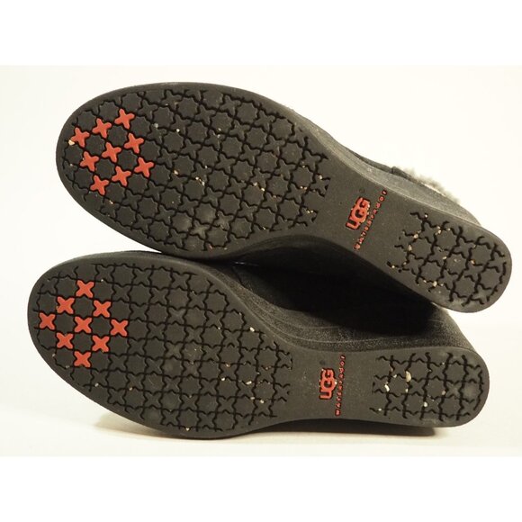 Ugg Zea Black Leather Fold-over Gray Sheepskin Detail Wedge Heel Winter Boots, 5 - Picture 6 of 10